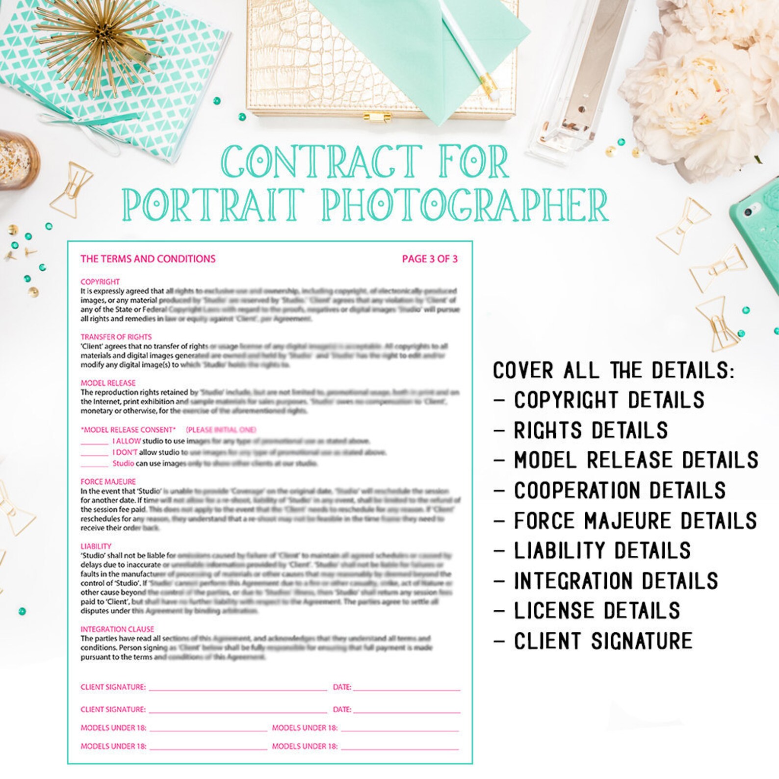 Pink & Black Portrait Photography Contract Template Available | Etsy
