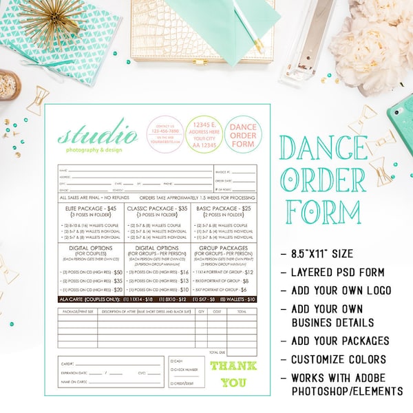 Plantilla de formulario de pedido de fotografía para baile escolar o equipo de baile disponible para descarga inmediata como archivo PSD de Photoshop con capas - INF102BF