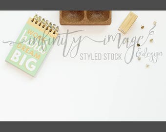 White Horizontal Styled Stock Product Photography Background w/Green & Brown Notebook, Journal, Pen, Stapler / High Res File #INF105SS