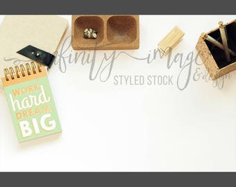 White Horizontal Styled Stock Product Photography Background w/Green & Brown Notebook, Journal, Pen, Stapler / High Res File #INF101SS