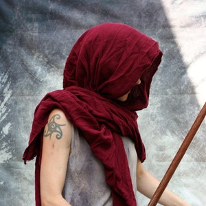 Oxblood Maroon Wrap Shawl, Rough Cotton Shoulder Cloak Shemagh Scarf, Lightweight Wrap Hood, Moyamensing, dyed burgundy red maroon