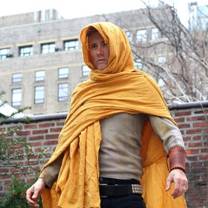 Golden Desert Wrap Cloak, lightweight gold cotton shemagh shawl wrap, distressed utility scarf wasteland cowl barbarian peasant apocalyptic