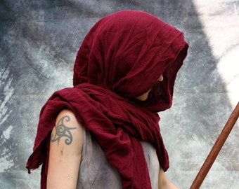 Oxblood Maroon Wrap Shawl, Rough Cotton Shoulder Cloak Shemagh Scarf, Lightweight Wrap Hood, Moyamensing, dyed burgundy red maroon