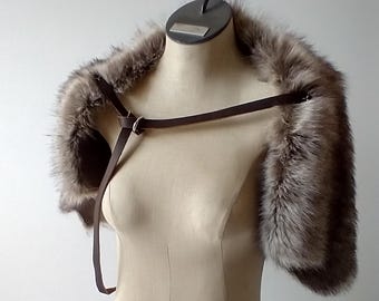 Gray Fox Faux Fur Shoulder Wrap, Single Leather Chest Strap, viking barbarian medieval winter medieval pelt
