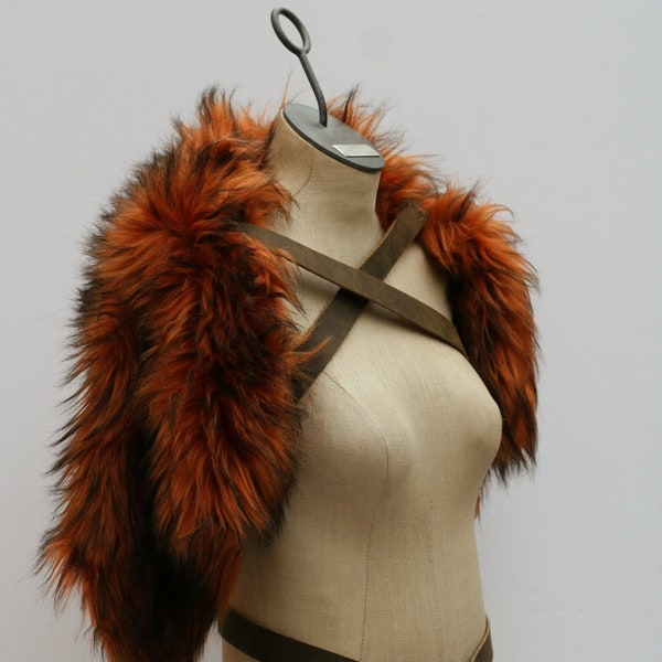 Orange Wolf Black Tips Fur Shoulder Pelt Drape, moyamensing imitation fur mantle, viking barbarian winter primitive leather chest strap