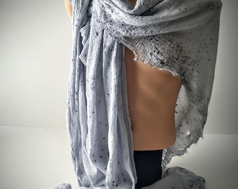 Distressed Splatter Dye White Cotton Wrap Cloak, Ragged Lightweight Scarf, Post Apocalyptic Style