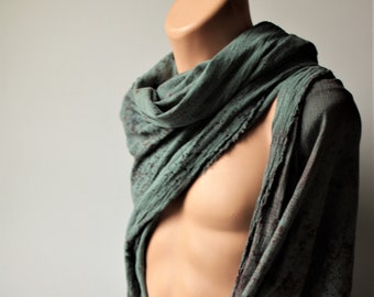 Winter Mist Drape Wrap, Post Apocalyptic Shawl Shemagh Wasteland Cowl, Ragged Cotton Lightweight Ranger Scarf Distress Dyed Cloak