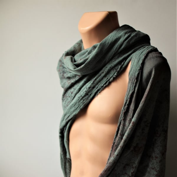 Winter Mist Drape Wrap, Post Apocalyptic Shawl Shemagh Wasteland Cowl, Ragged Cotton Lightweight Ranger Scarf Distress Dyed Cloak