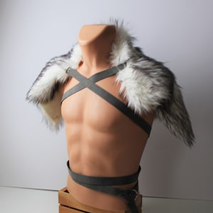 White Wolf Smoke Gray Tips Fur Shoulder Pelt Drape, moyamensing imitation fur mantle, viking barbarian winter primitive leather chest strap