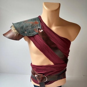 Dyed Distressed Leather Armor Pauldron with Wrap Scarf, Faux Fur Trim