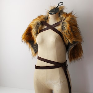 River Wolf Fur Shoulder Pelt Drape, leather straps imitation fur mantle, viking primitive cowl, pelt wrap capelet, gray burnt orange brown