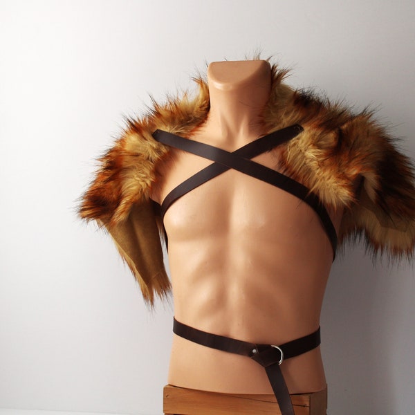 Red Fox Pelt Fur Mantle Leather Chest Strap, Fur Shoulder Drape, black red tan artificial fur shoulder pelt, viking shaman wasteland fur