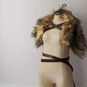 Cream Black Wolf Fur Shoulder Pelt Drape leather strap imitation fur mantle, viking barbarian primitive fur shoulder cowl collar