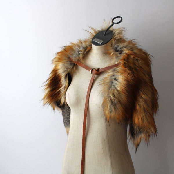 River Wolf Fur Shoulder Pelt Drape tan single leather strap imitation fur mantle, viking primitive cowl gray tan brown, faux fur shawl