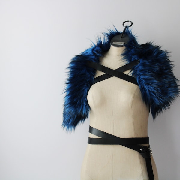 Blue Black Wolf Fur Mantle, Leather Strap Barbarian Fur Collar imitation faux wolf pelt shoulder wrap, moyamensing handmade, pict woad garb