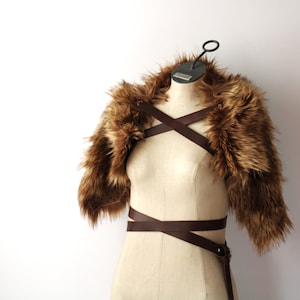 Cream Brown Wolf Fur Shoulder Pelt Drape leather strap imitation fur mantle, viking barbarian primitive cowl, wolf pelt wrap capelet