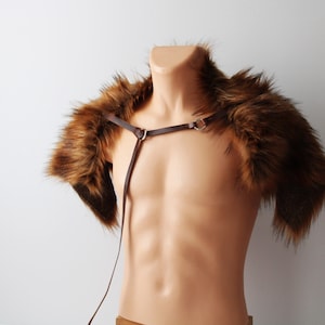 Chestnut Brown Wolf Fur Shoulder Pelt Drape leather strap, imitation fur mantle, viking barbarian primitive cowl, wolf pelt wrap capelet