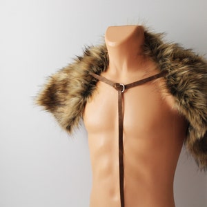 Sycamore Wolf Fur Shoulder Pelt Drape leather strap imitation fur mantle, viking primitive cowl, shieldmaiden pelt wrap capelet