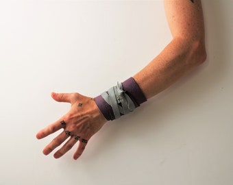 Distressed Purple Gray Leather Wrap Cuff, Leather Strap small cuff, ambidextrous, single minimalist wrap cuff primitive wasteland apocalypse