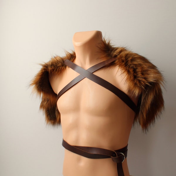 Chestnut Brown Imitation Wolf Fur, Leather Chest Fur Mantle, Barbarian Pelt Collar Shoulder Cowl, faux  fur wrap capelet drape shawl