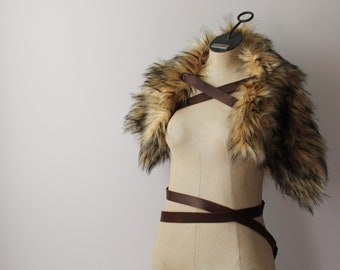 Cream Black Wolf Fur Shoulder Pelt Drape leather strap imitation fur mantle, viking barbarian primitive fur shoulder cowl collar