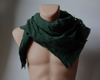 Distress Dyed Cotton Shawl Wrap Shemagh, Dark Green Drape, Wasteland Shoulder Cowl, ragged medieval renaissance peasant bandana