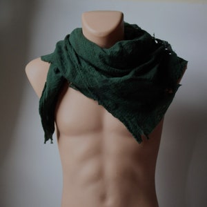 Distress Dyed Cotton Shawl Wrap Shemagh, Dark Green Drape, Wasteland Shoulder Cowl, ragged medieval renaissance peasant bandana