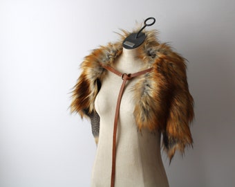 River Wolf Fur Shoulder Pelt Drape tan single leather strap imitation fur mantle, viking primitive cowl gray tan brown, faux fur shawl