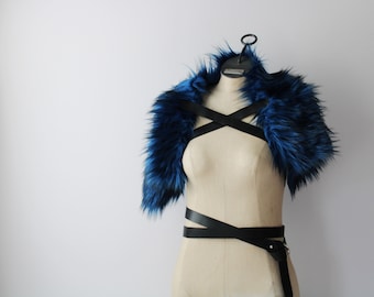 Blue Black Wolf Fur Mantle, Leather Strap Barbarian Fur Collar imitation faux wolf pelt shoulder wrap, moyamensing handmade, pict woad garb