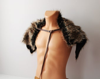Beige Black Wolf Fur Shoulder Pelt Drape single leather strap, imitation fur mantle, viking primitive cowl, faux fur shoulder sash