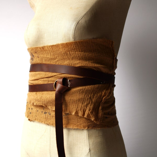 Distressed Leather Dyed Cotton Waist Wrap Belt, Knotted O Ring Belt, gladiator sash, peasant viking, assassin pirate waist wrap