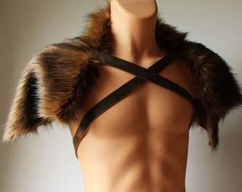 Chestnut Brown Imitation Wolf Fur, Leather Chest Fur Mantle, Barbarian Pelt Collar Shoulder Cowl, faux  fur wrap capelet drape shawl