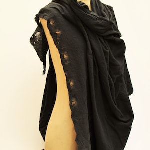 Distressed Black Wrap Cloak, Lightweight Cotton Shawl, post apocalyptic dystopian, wraith, dark elf shoulder drape peasant wrap moyamensing image 3