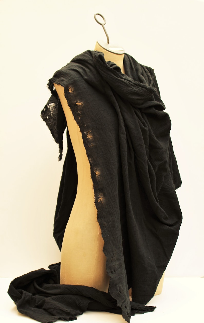 Distressed Black Wrap Cloak, Lightweight Cotton Shawl, post apocalyptic dystopian, wraith, dark elf shoulder drape peasant wrap moyamensing image 3