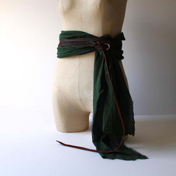 Distressed Lightweight Cotton Waist Wrap, Leather O Ring Belt, Gladiator Sash, green