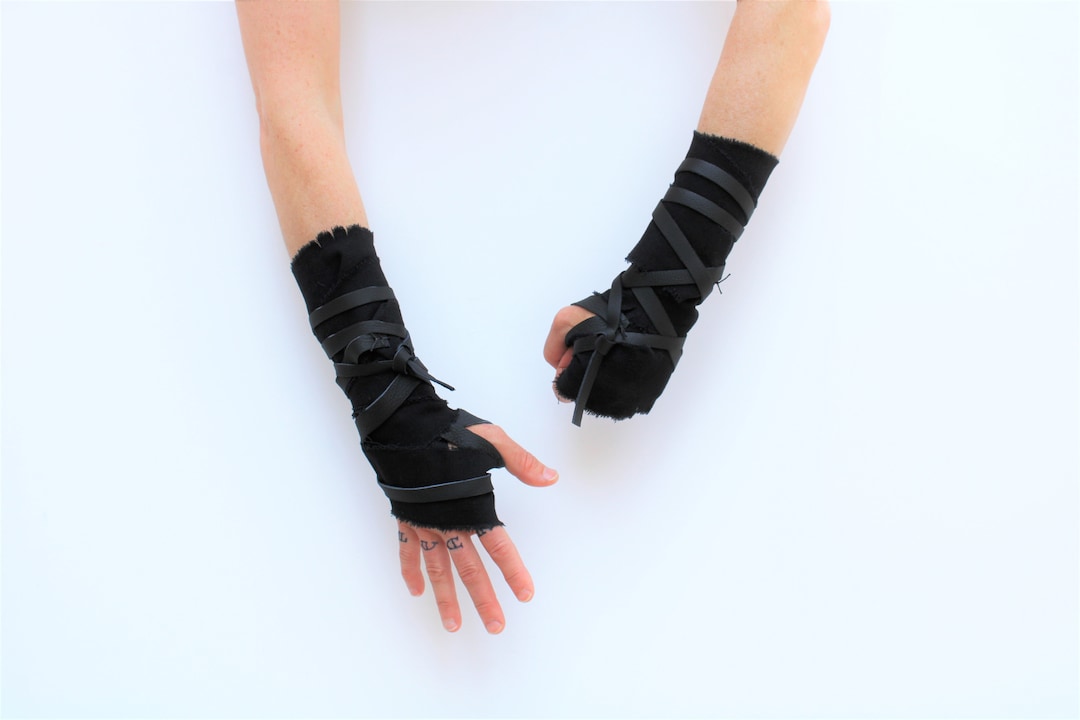 Distressed Black Cotton Hand Wraps, Primitive Leather Fist Wraps, Thumb
