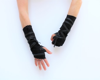 Distressed Black Heavy Cotton Hand Wraps, Leather Fist Wraps, Viking Shaman Style