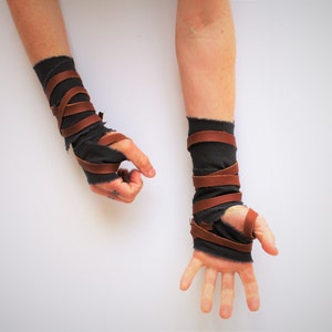 Distressed Charcoal Cotton Hand Wraps, Primitive Leather Fist Wraps, thumb loop, barbarian wasteland gladiator viking medieval shaman