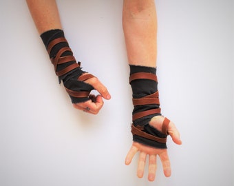 Distressed Charcoal Cotton Hand Wraps, Primitive Leather Fist Wraps, thumb loop, barbarian wasteland gladiator viking medieval shaman