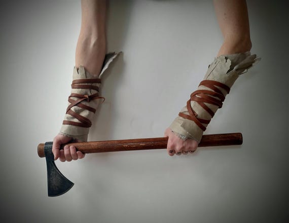 Distressed Sheepskin Fur Bracers, Primitive Barbarian Cuffs