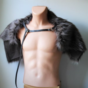 charcoal gray faux fur shoulder pelt with gray leather chest strap