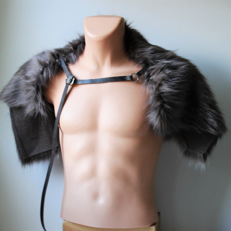 charcoal gray faux fur shoulder pelt with gray leather chest strap