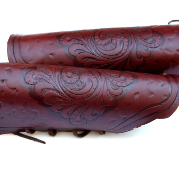 Burgundy Beauties, Carved Armor Pair, Wet Molded Leather Vambraces