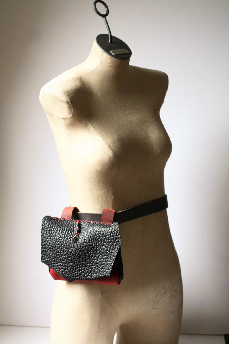 Primitive Distressed Black Red Leather Belt Bag Leather Etsy