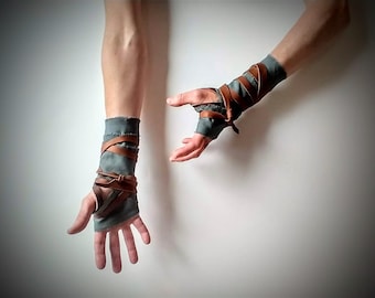 Distressed Heavy Cotton Hand Wraps, Leather Fist Straps, Viking Barbarian Costume, Smoke Gray