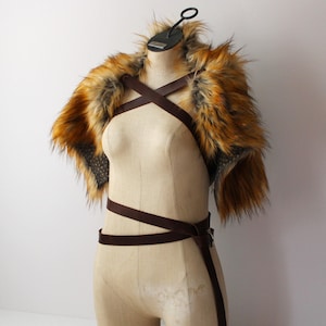 River Wolf Fur Shoulder Pelt Drape, leather straps imitation fur mantle, viking primitive cowl, pelt wrap capelet, gray burnt orange brown