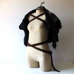 Distressed Genuine Sheepskin Fur Wrap Mantle, woodland elf winter capelet shoulder pelt viking wedding, cloak shieldmaiden, slim leather