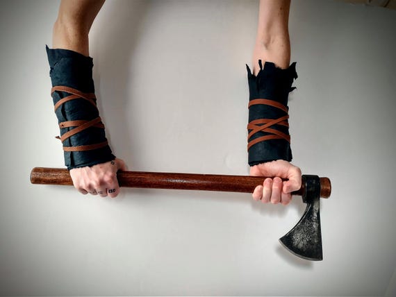 Distressed Dark Leather Sheepskin Fur Bracers, Tribal Apocalyptic Cuffs