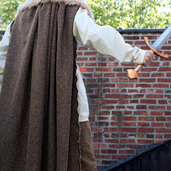 Generously Sized Wool blend Cloak, Latigo Strap, Creme Ornamental Fur, Unhemmed