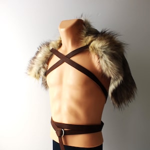 Stonewolf Fur Shoulder Wrap with Leather Chest Straps, Imitation Fur Pelt Mantle, viking wedding costume, Ren Faire faux fur pelt